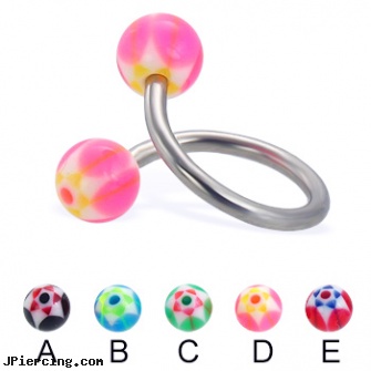 Twisted barbell with acrylic star balls, 14 ga, twisted barbell, navel piercing barbell titanium, beach ball barbell and eyebrow piercing, ear piercing barbells, uv acrylic body jewellery canada