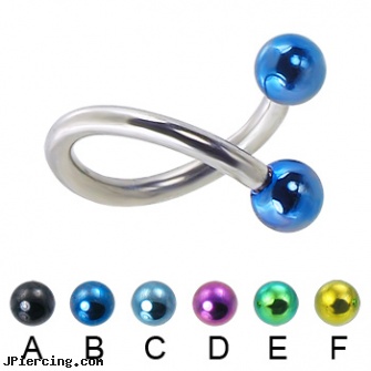 Twisted barbell with colored balls, 12 ga, twisted barbell, star tongue barbells, tongue barbell, belly button rings and barbells, flesh colored tongue ring