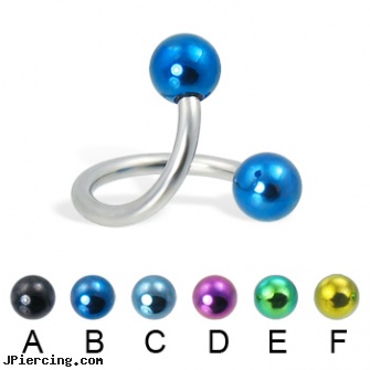 Twisted barbell with colored balls, 14 ga, twisted barbell, titanium barbell, buy logo tongue barbells, rhinestone belly button barbells, flesh colored tongue ring