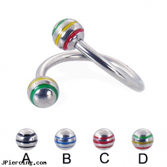 Twisted barbell with epoxy striped balls, 14 ga, twisted barbell, flexible tongue rings barbells, gold navel barbells 8mm, curved barbell jewelry, titanium tongue rings candy striped