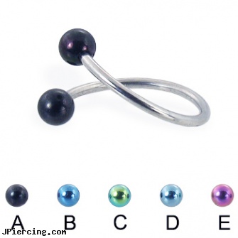 Twister barbell with colored balls, 16 ga, twister tongue rings, rainbow twister belly ring, navel ring starter twister wholesale, buy logo tongue barbells, clit hood barbells balls