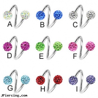 Twister barbell with crystal paved balls, 16 ga, rainbow twister belly ring, twister tongue rings, navel ring starter twister wholesale, twisted barbell, curved slave barbell