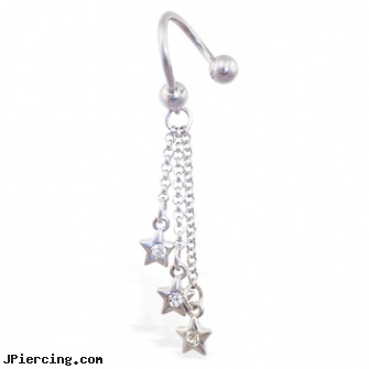 Twister barbell with dangling jeweled stars on chains, navel ring starter twister wholesale, rainbow twister belly ring, twister tongue rings, acrylic tongue rings barbells, tongue barbells genital