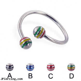 Twister barbell with epoxy striped balls, 16 ga, navel ring starter twister wholesale, twister tongue rings, rainbow twister belly ring, gemstone belly button barbells, circular barbell body jewelery