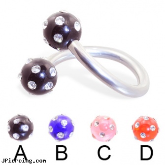 Twister barbell with multi-gem acrylic colored balls, 12 ga, rainbow twister belly ring, navel ring starter twister wholesale, twister tongue rings, flexible tongue rings barbells, tongue barbells