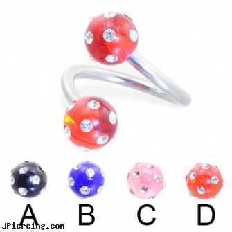 Twister barbell with multi-gem acrylic colored balls, 14 ga, rainbow twister belly ring, navel ring starter twister wholesale, twister tongue rings, circular barbell body jewelery, nipple barbells