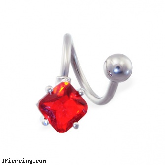 Twister barbell with ruby red diamond shaped end, 14 ga, rainbow twister belly ring, navel ring starter twister wholesale, twister tongue rings, elvis navel barbell, tips for putting in tongue barbell