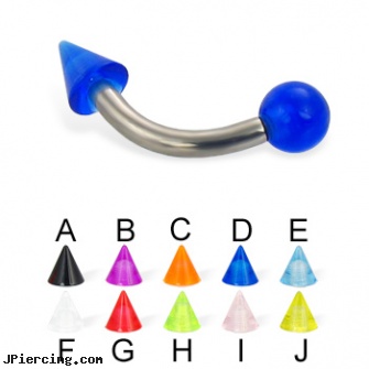 UV ball and cone titanium curved barbell, 12 ga, baseball and belly button rings, ball and cock ring, replacement ball for eyebrow ring, cone helix, nipple piercing silicone