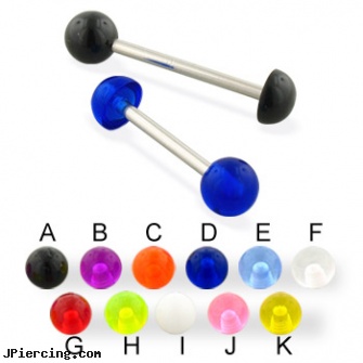 UV ball and half ball straight barbell, 14 ga, tongue ring balls, cock ring placement balls penis, cock and ball ring, straight barbell clear retainer, straight pin nose rings