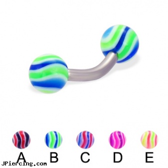 Wave ball curved barbell, 12 ga, mm eyebrow balls, navel rings football, baseball and belly button rings, curved barbell jewelry, curved slave barbell