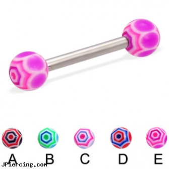 Web ball straight barbell, 12 ga, baseball belly button rings, blinking koosh ball belly ring, ball percing, straight pin nose rings, internally threaded straight barbells