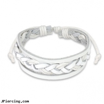 White Leather Bracelet with Double Strings Weaved Center, white gold body jewelry, white gold belly button rings, after tongue piercing white coat on tongue, leather or rawhide cock rings, leather cock rings