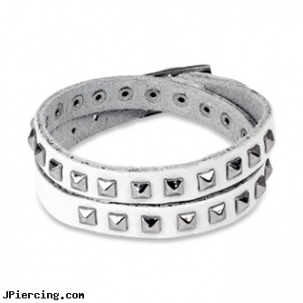 White Leather Double Wrap Bracelet With Pyramid Studs, after tongue piercing white coat on tongue, white gold navel ring, white gold belly button ring, leather cock rings, leather or rawhide cock rings