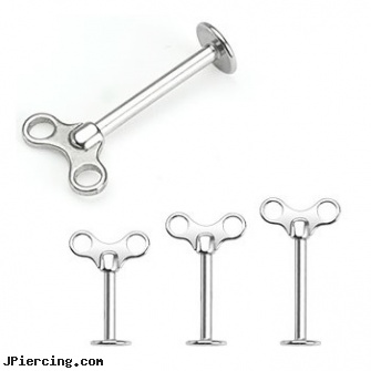 Winding Key Top 316L Surgical Steel Labret, 316l jewelry cards, surgical steel prong set labrets, surgical placement of rings in cock and scrotum, surgical steel jewelry, industrial steel body jewellery