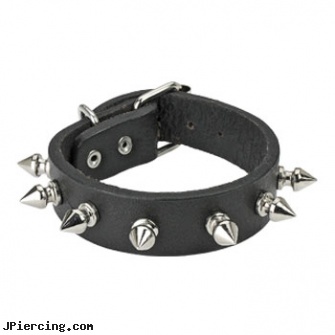 Wristband Leather W/ Spike, leather body jewellery, leather cock rings, leather or rawhide cock rings, 14 guage spiked eye brow rings, labret curved spike