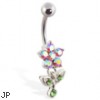 Pink AB flower belly ring with dangling jeweled leaves n stem