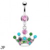 Pink jeweled belly ring with dangling multi-color crown