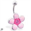 Pink jeweled flower belly ring