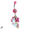 Pink jeweled navel ring with pink bead and jeweled dangle