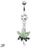 Pot Leaf with Green Paved Gems Dangle Surgical Steel Navel Ring