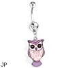 Purple Owl Navel Ring with Floral Pattern, 14Ga