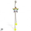 Rainbow star navel ring with dangling neon green dangles