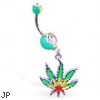 Rasta colored double jeweled belly ring with dangling pot leaf