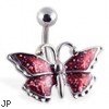 Red glitter fancy butterfly belly ring