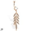 Rose Gold Toned Belly Ring With CZ Gem Paved Leaf