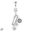 Safety Pin with Paved Gems And Anchor, Peace, CZ Charms Surgical Steel Navel Ring