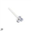 Silver nose stud with small clear jeweled clover and long tail for custom bend, 20 ga