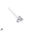 Silver nose stud with small clear jeweled clover and long tail for custom bend, 22 ga