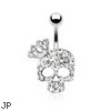 Skull with Paved Gem And Gemmed Four Point Crown Surgical Steel Navel Ring