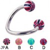 Spiral barbell with acrylic checkered balls, 12 ga