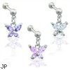 Stainless steel cartilage straight barbell with dangling jeweled butterfly, 16 ga
