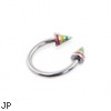 Stainless Steel Circular (Horseshoe) Barbell With Rasta Colored Epoxy Striped Cones, 16 Ga