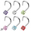 Stainless steel nose screw with 3mm square gem, 18 ga