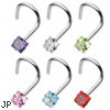 Stainless steel nose screw with 3mm square gem, 20 ga