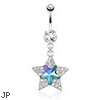 Star with Paved Gems And Aqua Star Gem Dangle Surgical Steel Navel Ring