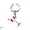 Steel captive bead ring with dangling pink martini glass, 16 ga