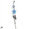 Steel Epoxy Flower with Leaf and CZ Dangle Navel Ring, Turquoise