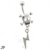 Steel skull belly ring with dangling lightening bolt