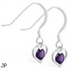 Sterling Silver Earrings with small dangling Amethyst jeweled heart