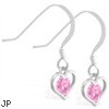 Sterling Silver Earrings with small dangling Pink Tourmaline jeweled heart