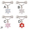 Straight barbell helix cuff with dangling jeweled flower, 16 ga
