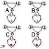 Straight barbell helix cuff with dangling jeweled heart, 16 ga