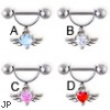 Straight barbell helix cuff with dangling jeweled heart with wings, 16 ga