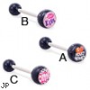 Straight barbell with black glitter logo balls, 14 ga