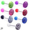 Straight barbell with colored ball and colored tiger print circle top, 14 ga