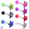 Straight barbell with colored ball and colored tiger print star top, 14 ga